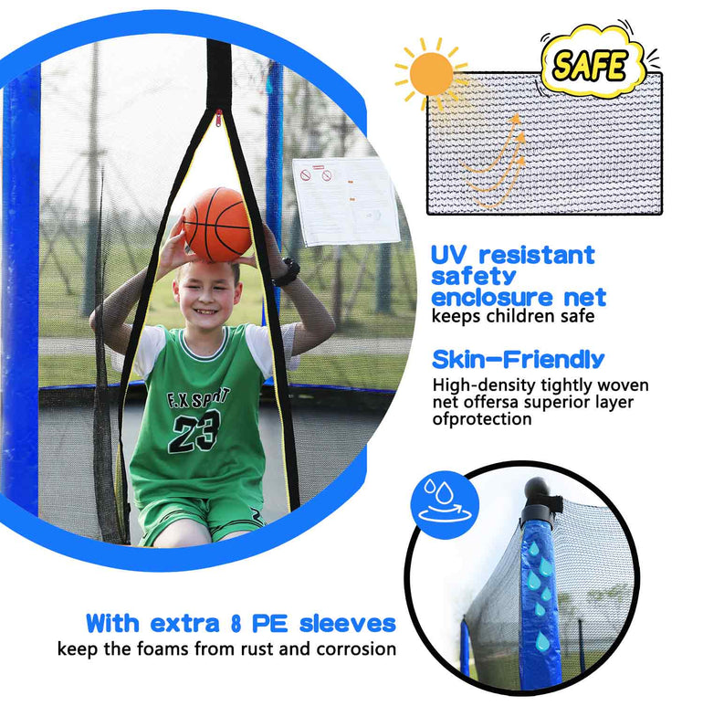 The boy is sitting on the blue 10ft trampoline and holding a basketball with the text next to it saying: UV resistant safety enclosure net keeps children safe, skin-friendly, with extra 8 pe sleeves