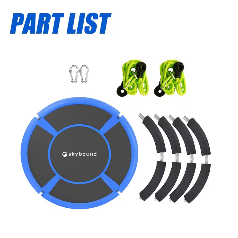 SkyBound 43 inch round saucer tree swing parts list showing all hardware components and assembly pieces included in the box.