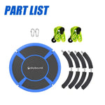 SkyBound 43 inch round saucer tree swing parts list showing all hardware components and assembly pieces included in the box.