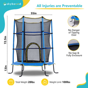 Skybound L-shaped legs mini trampoline is labeled with dimensions: 55 inches × 72.5 inches + 13 inches. At the bottom, write total weighs 28 lbs,  weight limit of 100 lbs.