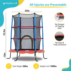 Skybound L-shaped legs mini trampoline with dimensions: 55 inches × 72.5 inches + 13 inches. At the bottom, write total weighs 28 lbs, weight limit 100 lbs.