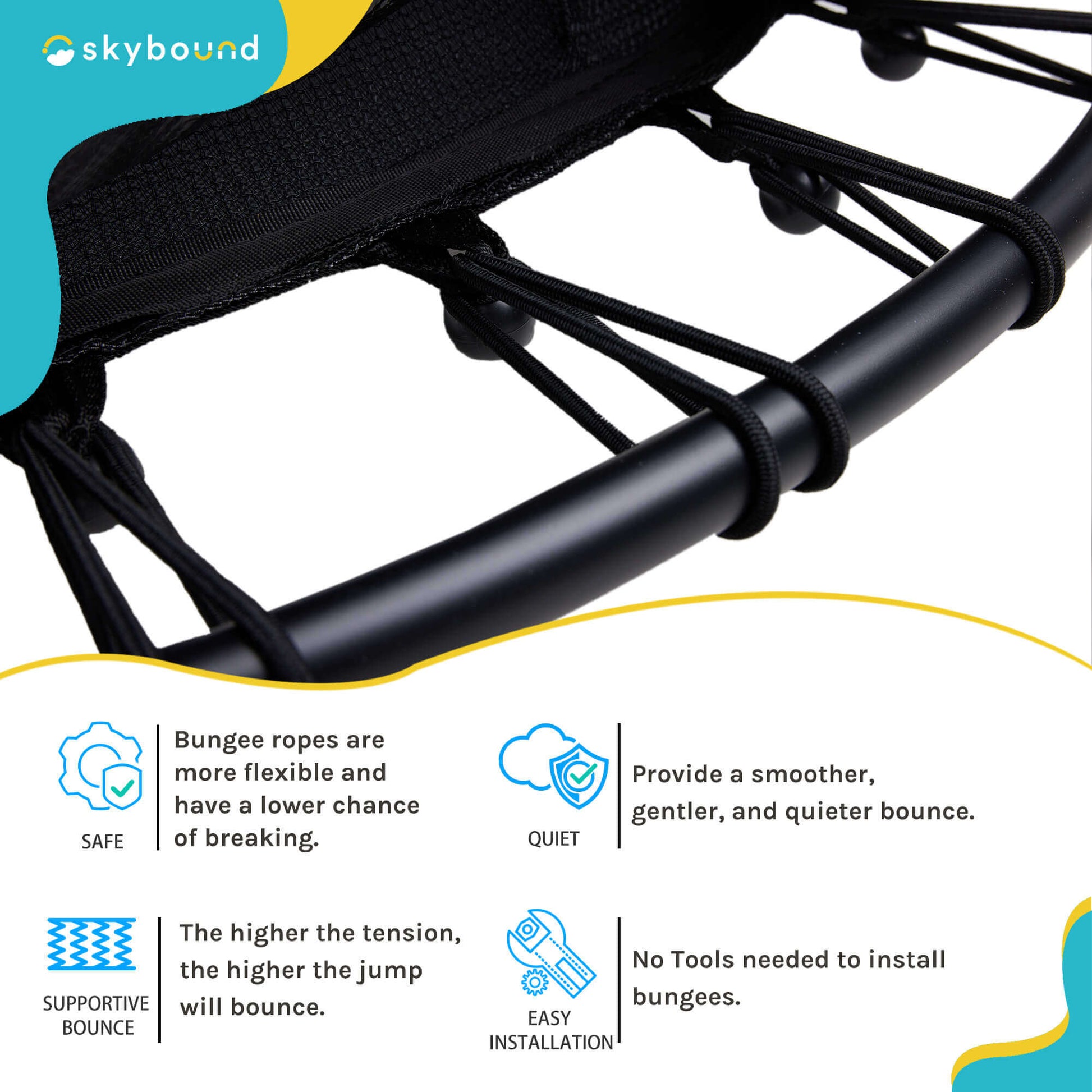 The bungee cord detail for the Skybound L-shaped blue mini trampoline