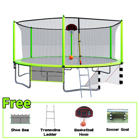 skybound skysoar 16 ft trampoline with shoe bag and ladder and basketball hoop and soccer goal for free