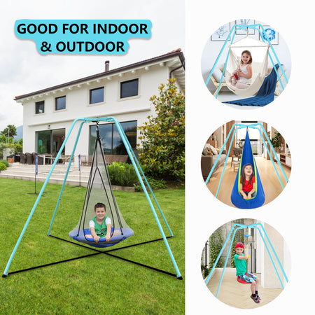 Skybound swing set frame Good for outdoor and indoor, Four children happily using various swings attached to the Skybound swing frame.