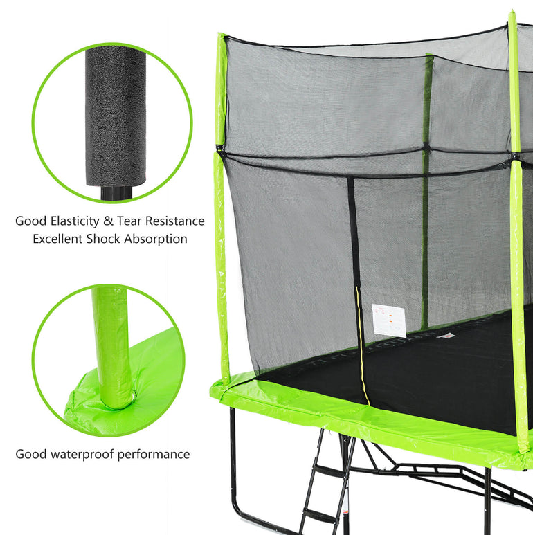 On the right is a Skybound 10 ×17 ft rectangular trampoline, and on the left is a detailed illustration of its support poles. The poles are wrapped with pearl cotton, indicating good shock absorption capability. Below is the outer layer of waterproof sleeve for the poles, stating excellent waterproof functionality.