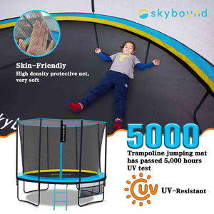At the top, a little girl is lying on an skyrise 10ft trampoline, with a detailed image of the net in the top left corner. Below it reads 