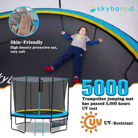 At the top, a little girl is lying on an 14ft trampoline, with a detailed image of the net in the top left corner. Below it reads "Skin-friendly high-quality softness." Beneath, next to the trampoline, it says "5000 UV tested, UV resistant."