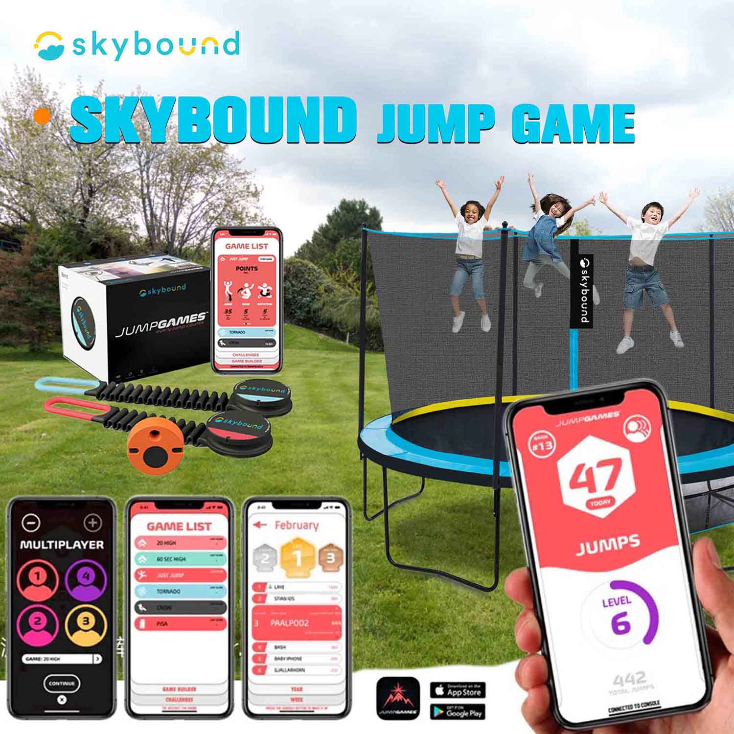 Title: SKYBOUND JUMP GAMES, On the left, there is an electronic wristband provided with the SkyRise trampoline. On the right, three children are jumping on a SkyRiae 14-foot trampoline. Below, there are four smartphone screens displaying the interface of the Jump Games app, along with icons supporting downloads for Android and Apple phones.