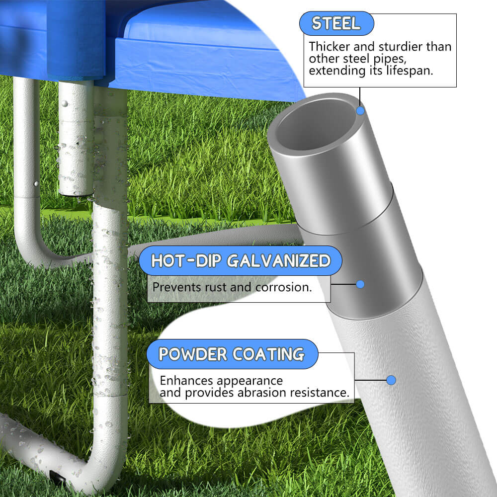 SkyBound trampoline frame made of thick steel with hot-dip galvanized layer and rust-resistant coating for durable support