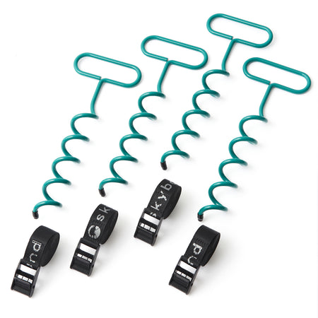 SkyBound Trampoline Anchor Kits - Heavy Duty Trampoline Parts - Unique Oval Shape Design for Easy Hold and Install - Steel Stakes High Wind Anchor Kit with Strong Nylon Belt - Set of 4 - Green.