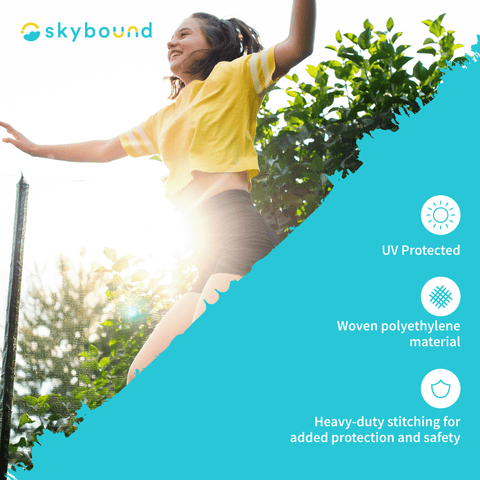 Girl Jumping on Trampoline.  SkyBound: Products are UV Protected, Woven polyethylene material, and Heavy-duty stitching for added protection and safety.  