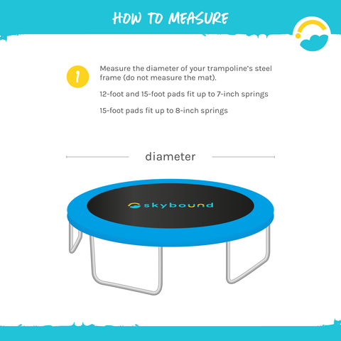 How to Measure: 1-Measure the diameter of your trampoline's steel frame (do not measure the mat.). 12-foot and 15-foot pads fit up to 7-inch springs. 15-foot pads fit up to 8-inch springs.