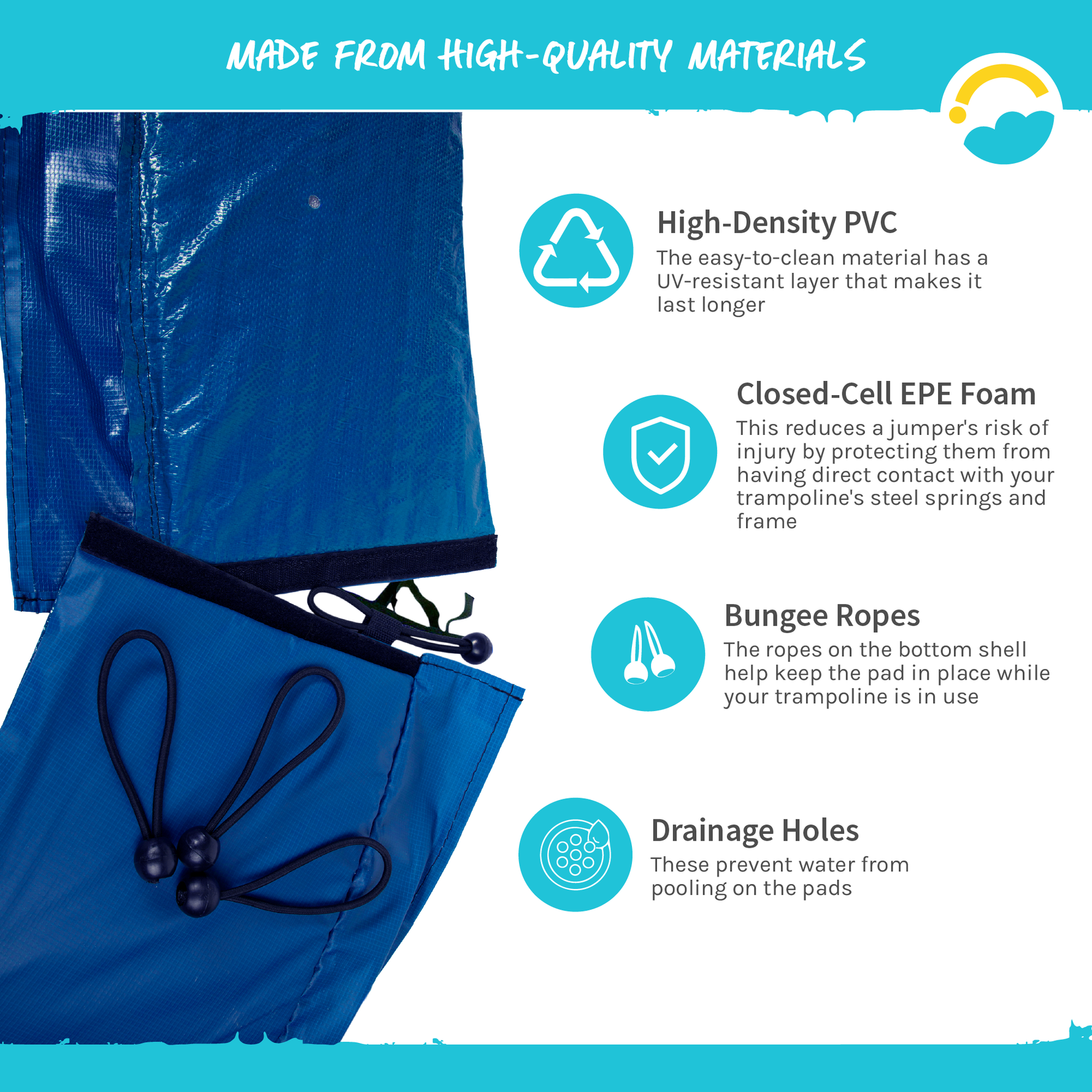 Made From High-Quality Materials: High-Density PVC, Closed-Cell EPE Foam, Bungee Ropes, Drainage Holes.