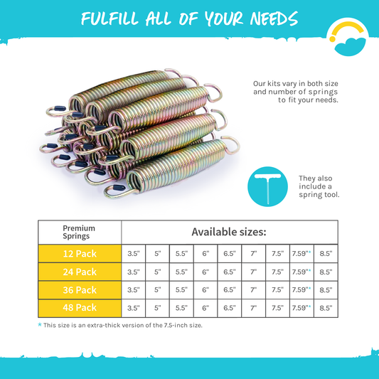 Fulfill all of your needs: Our kits vary in both size and number of springs to fit your needs. Product contains a spring tool. Spring packs come in 12 pack, 24 pack, 36 pack, and 48 pack. All packs contain available sizes of 3.5", 5", 5.5", 6", 6.5", 7", 7.5", 8.5" and 7.59" (7.59" has extra-thick version of the 7.5 inch size.)