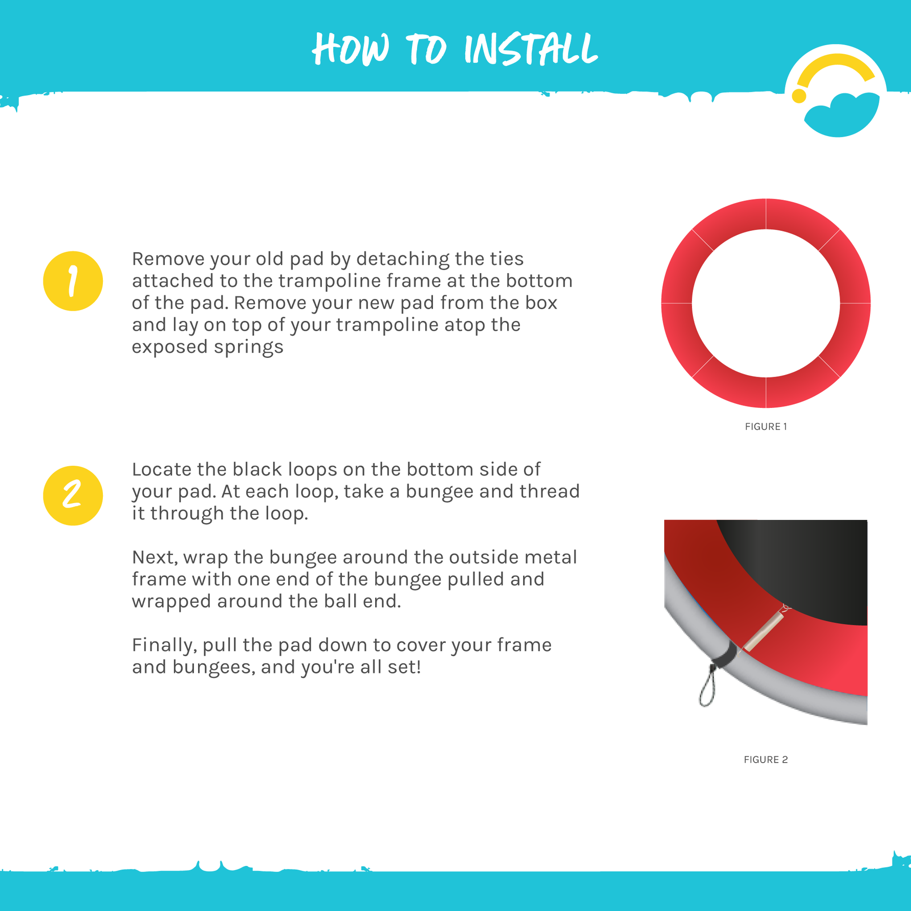 How to Install- 1. Remove your old pad by detaching the ties attached to the trampoline frame at the bottom of the pad. Place new pad on top of your trampoline atop the exposed springs. 2-Locate the black loops on the bottom side of your pad. At each loop, take a bungee and thread it through the loop. Next, wrap the bungee around the outside metal frame with one end of the bungee pulled and wrapped around the ball end. Finally, pull the pad down to cover your frame and bungees, and you're all set!