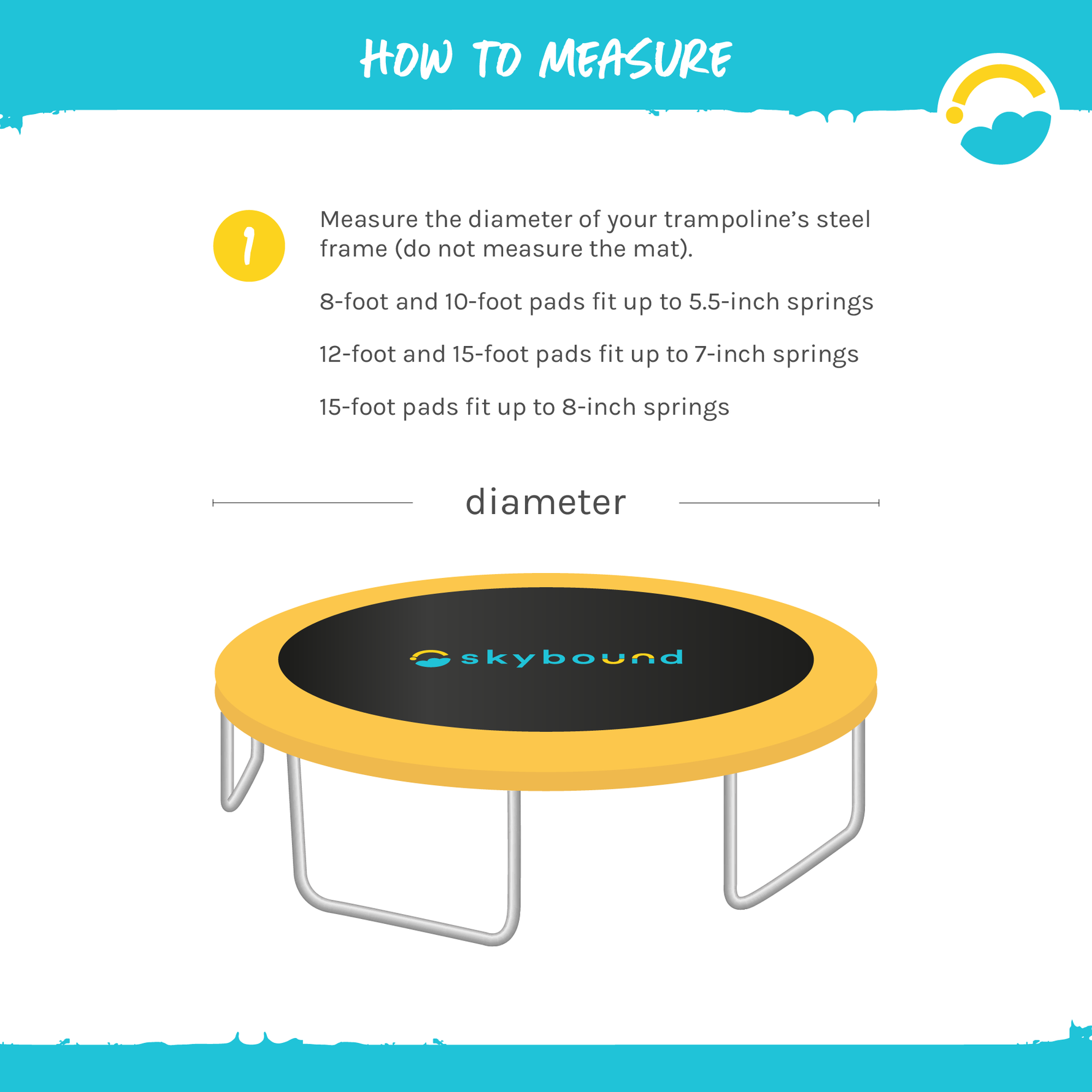 14 Foot Yellow Replacement Trampoline Pad. How to measure Trampoline Pad. Measure the diameter of your trampoline's steel frame (do not measure the mat), 8-foot and 10 foot pads fit up to 5.5-inch springs. 12-foot and 15 foot pads fit up to 7-inch springs, 15-food pads fit up to 8-inch springs.