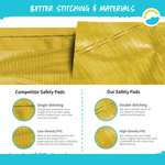 14 Foot Yellow Replacement Trampoline Pad. Better Stitching and Materials: Competitor Safety Pads Single Stitching and Low-Density PVC (100x200 thread count and 9x9 density). Our Safety Pads: Double Stitching and High-Density PVC (200x300 thread count and 18x12 density)