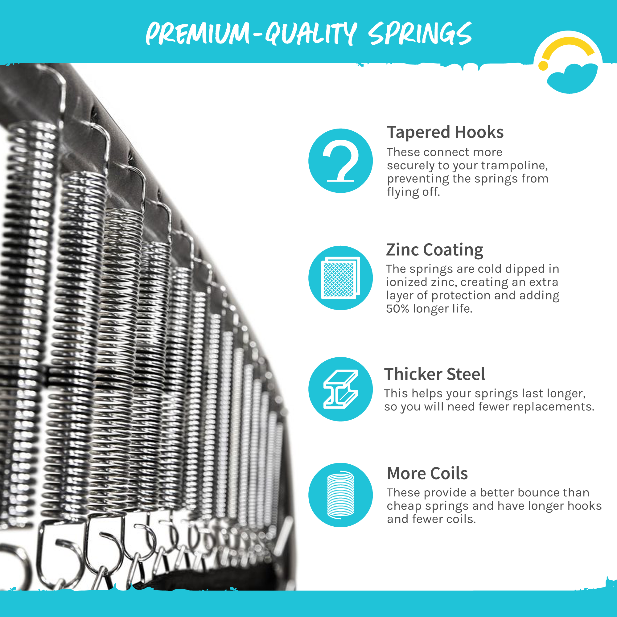Premium-Quality Springs: Tapered Hooks, Zinc Coating, Thicker Steel, More Coils.