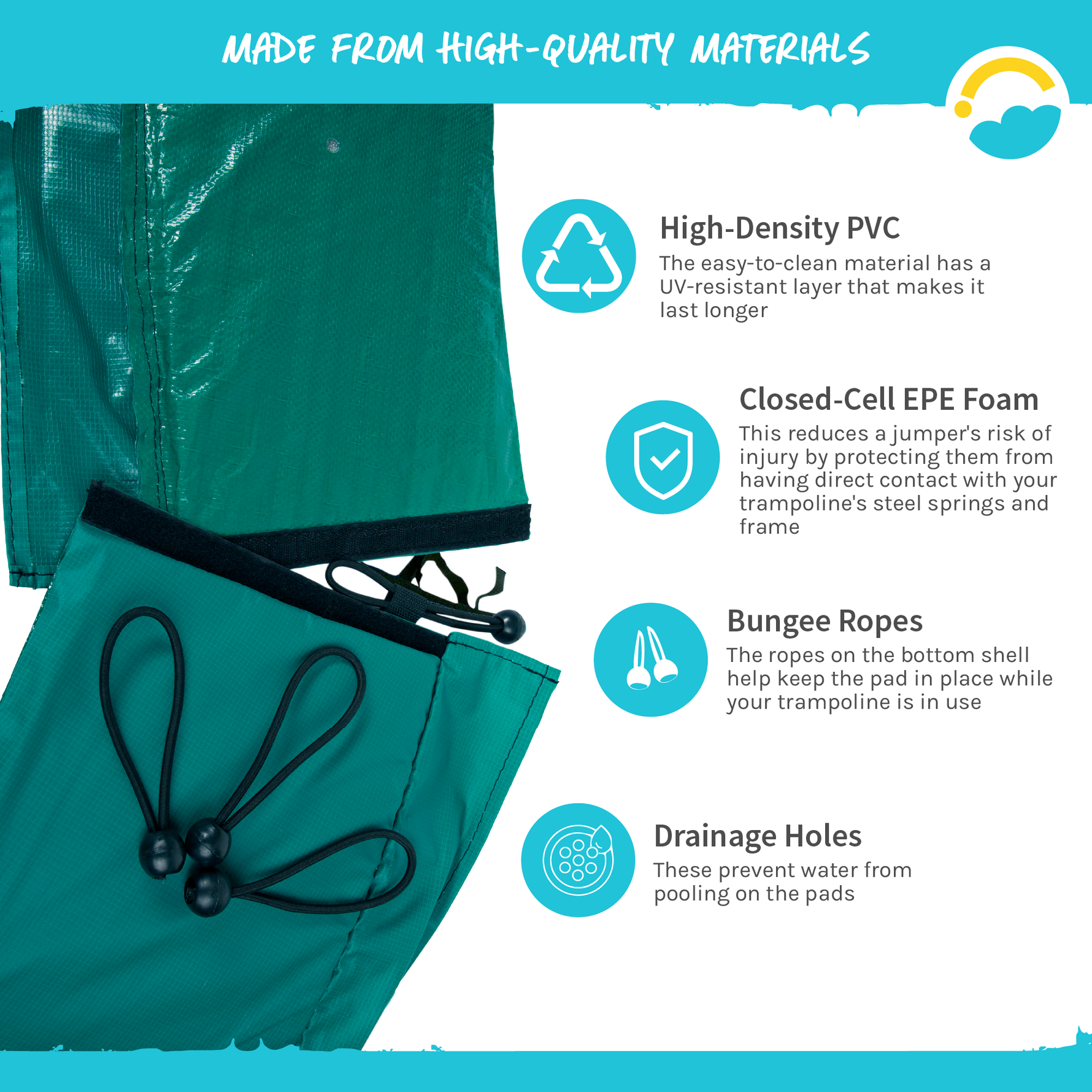 Made From High-Quality Materials: High-Density PVC, Closed-Cell EPE Foam, Bungee Ropes, Drainage Holes.