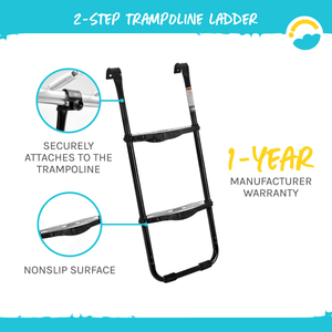 2-Step Trampoline Ladder: Securely attaches to the Trampoline.  Nonslip Surface, and 1-Year Manufacturer Warranty.  