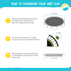 How to Determine your Mat Size.  1-Measure the diameter of your trampoline's steel frame (do not measure the mat).  2-Count the number of V-rings on your original trampoline mat.  Measure your original springs, unstretched, from hook end to hook end.  