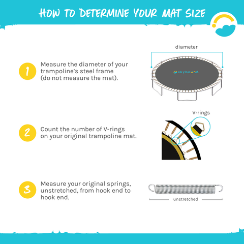 How to Determine your Mat Size: 1-Measure the diameter of your trampoline's steel frame (do no measure the mat). 2-Count the number of v-rings on your original trampoline mat. 3-Measure your original springs, upstretched, from hook-end to hook-end.