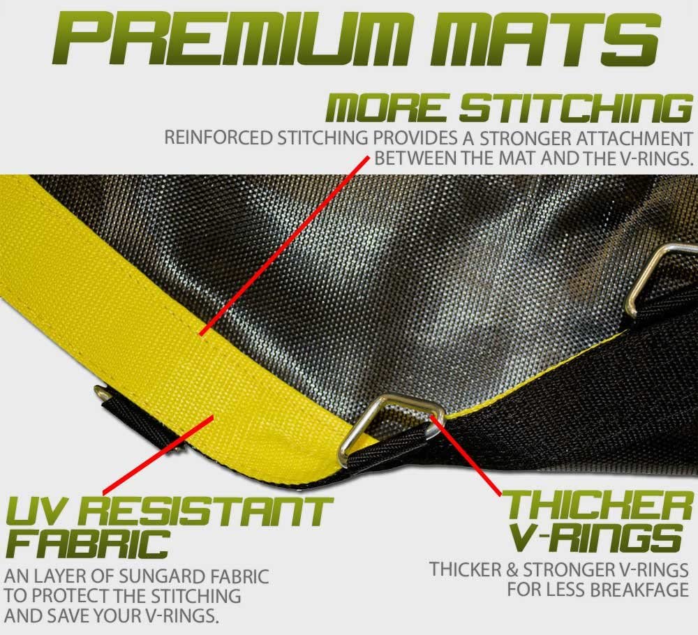 Premium Mats: More Stitching: Reinforced stitching provides a stronger attachment between the mat and the v-rings. UV Resistant Fabric: An layer of sungard fabric to protect the stitching and save your v-rings. Thicker V-rings: Thicker & Stronger V-rings for less breakage.
