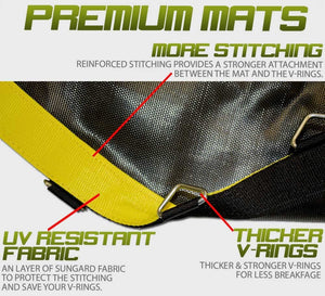 Premium Mats: More Stitching: Reinforced stitching provides a stronger attachment between the mat and the v-rings. UV Resistant Fabric: An layer of sungard fabric to protect the stitching and save your v-rings. Thicker V-rings: Thicker & Stronger V-rings for less breakage.
