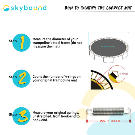 How to Identify the Correct Mat: 1-Measure the diameter of your trampoline's steel frame (do no measure the mat). 2-Count the number of v-rings on your original trampoline mat. 3-Measure your original springs, upstretched, from hook-end to hook-end.