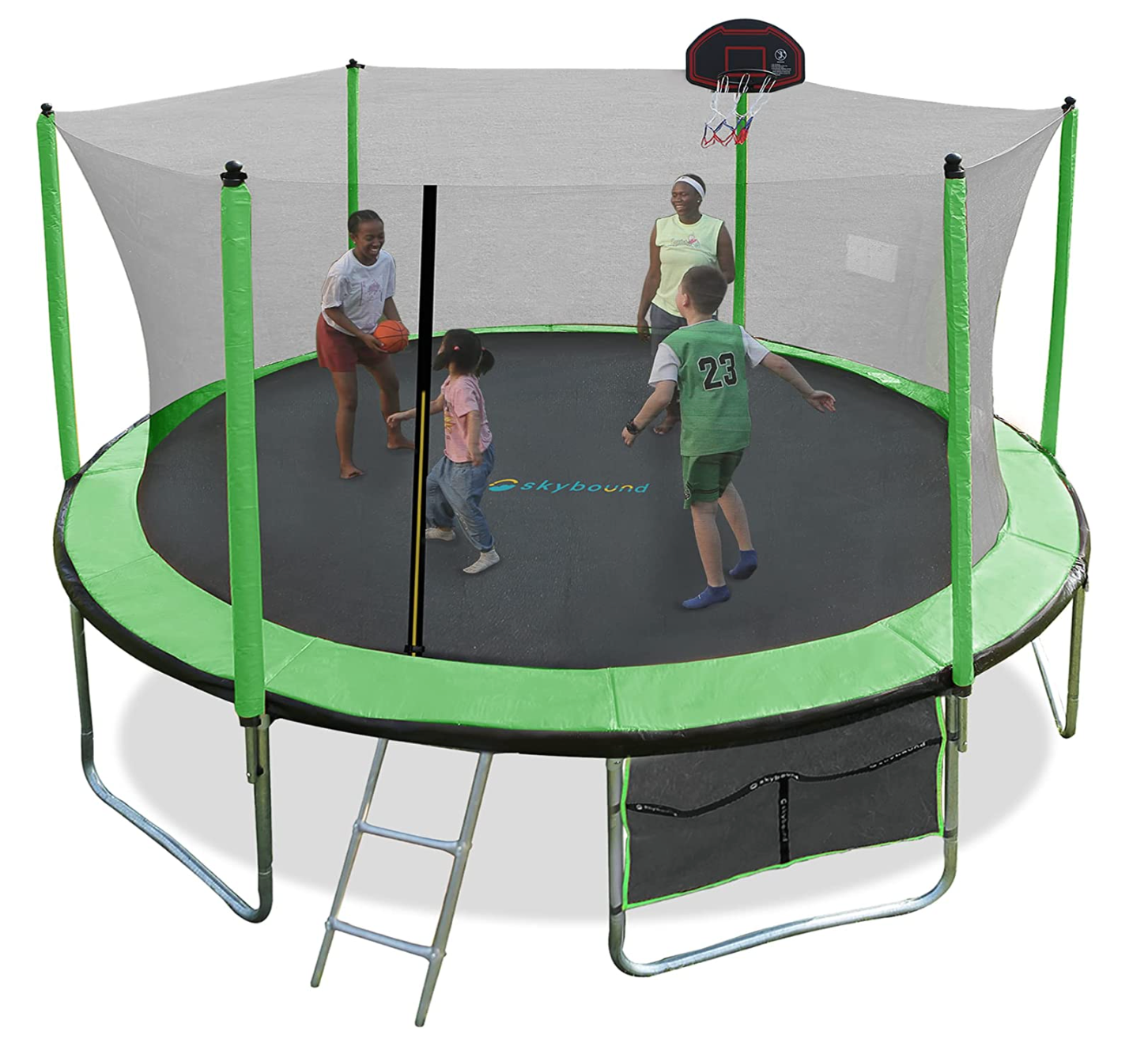 An adult and three children playing basketball on a trampoline