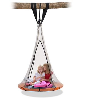 2 little girls sitting on a saucer swing hanging on tree trunk
