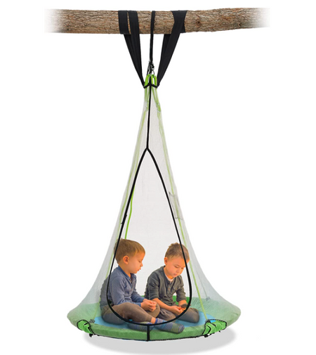 2 children sitting on a saucer round swing on a tree branch 